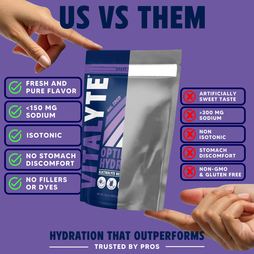 Vitalyte Electrolyte Powder grape glass being poured supports fast rehydration.