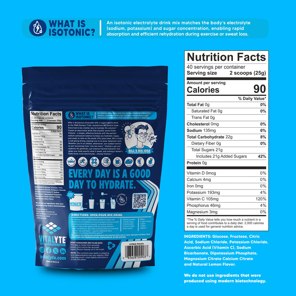 Vitalyte Electrolyte Powder label featuring Cool Citrus flavor and safety credentials