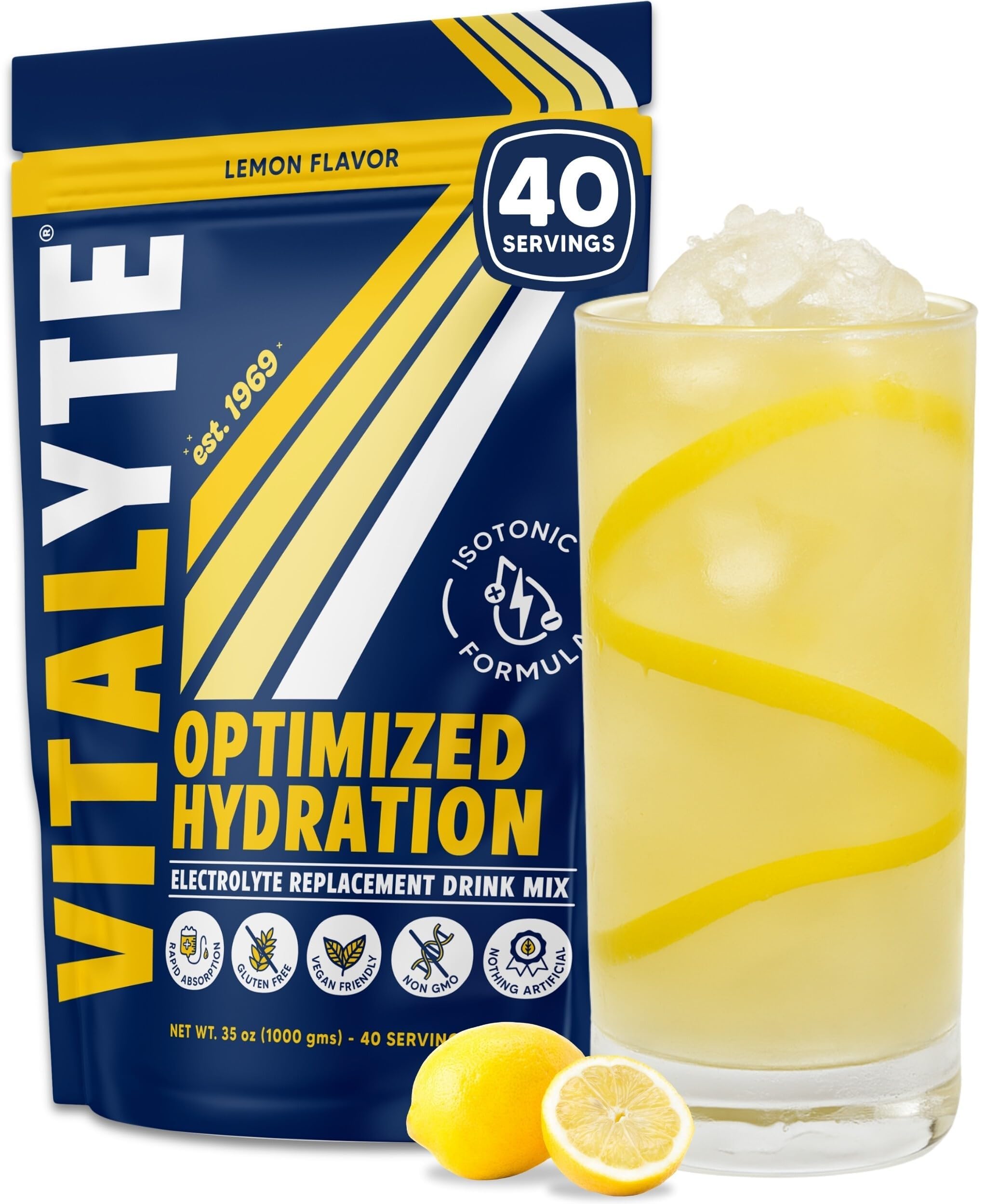 Vitalyte lemon electrolyte powder in glass promotes quick hydration