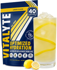 Vitalyte lemon electrolyte powder in glass promotes quick hydration