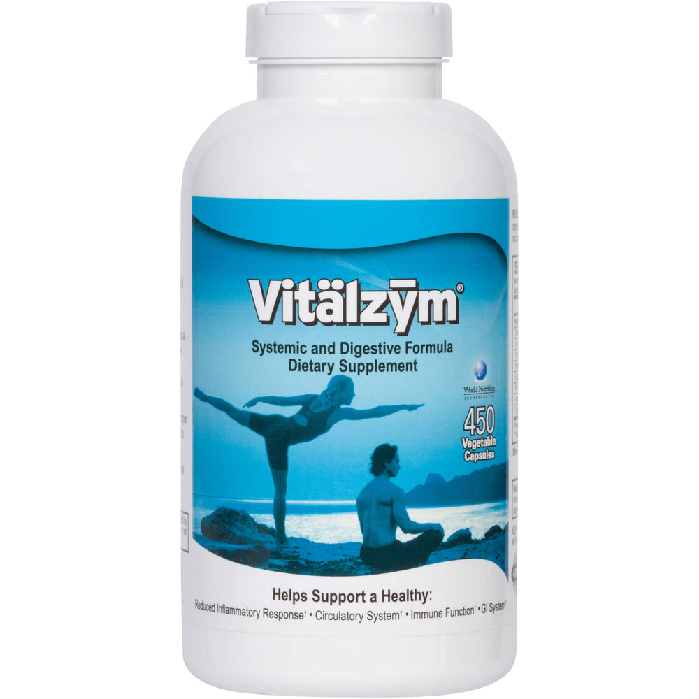 VITÄLZYM Original bottle of capsules showing the vegetarian enzyme blend for overall wellness.