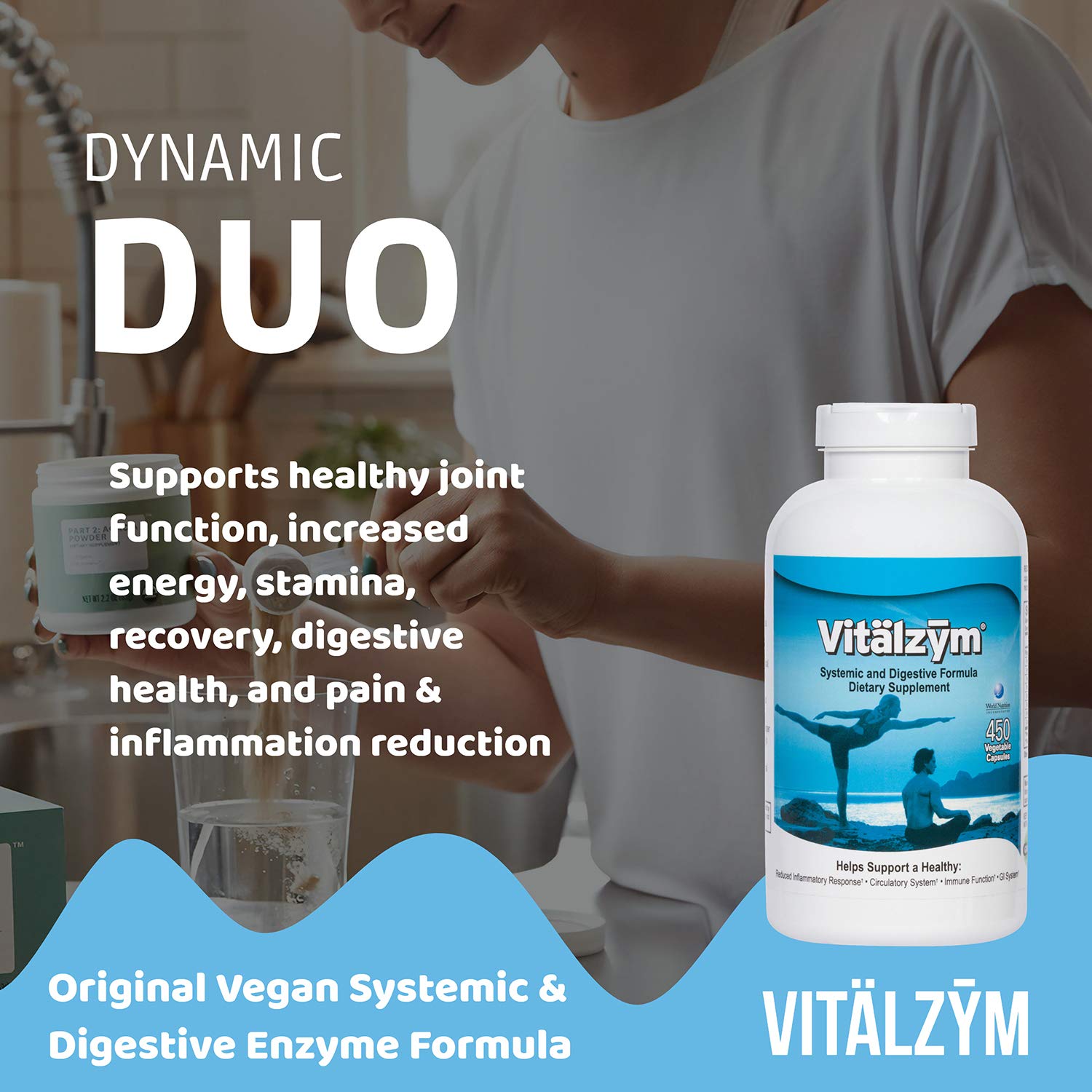 VITÄLZYM plant-based formula emphasizing vegetarian enzymes for tummy comfort and systemic benefits.