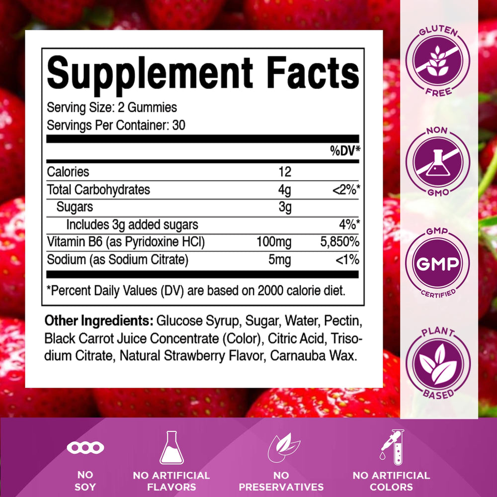 Vitamatic B6 gummies strawberry bottle back with nutrition details.