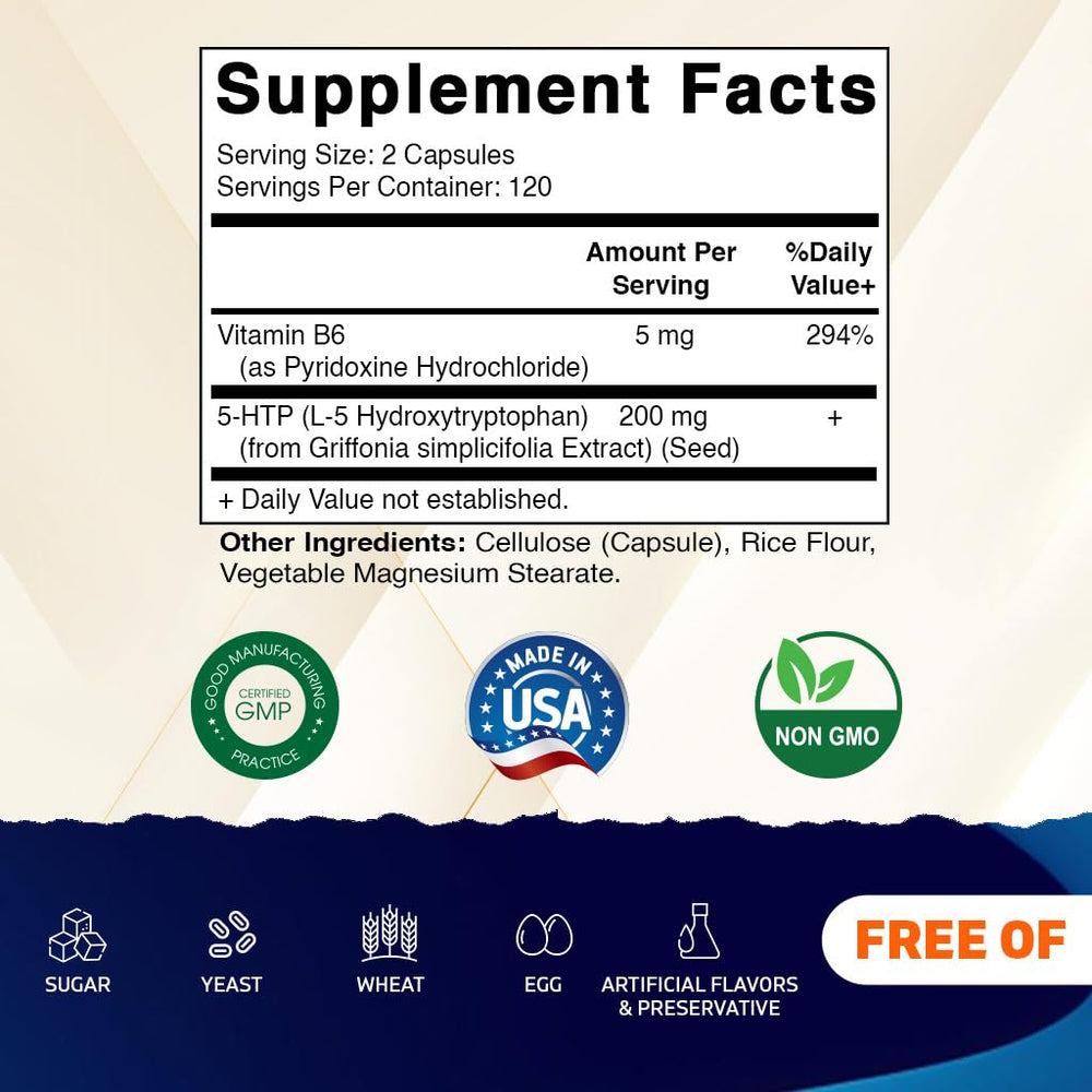 Vitamatic 5-HTP bottle back label with ingredient details.