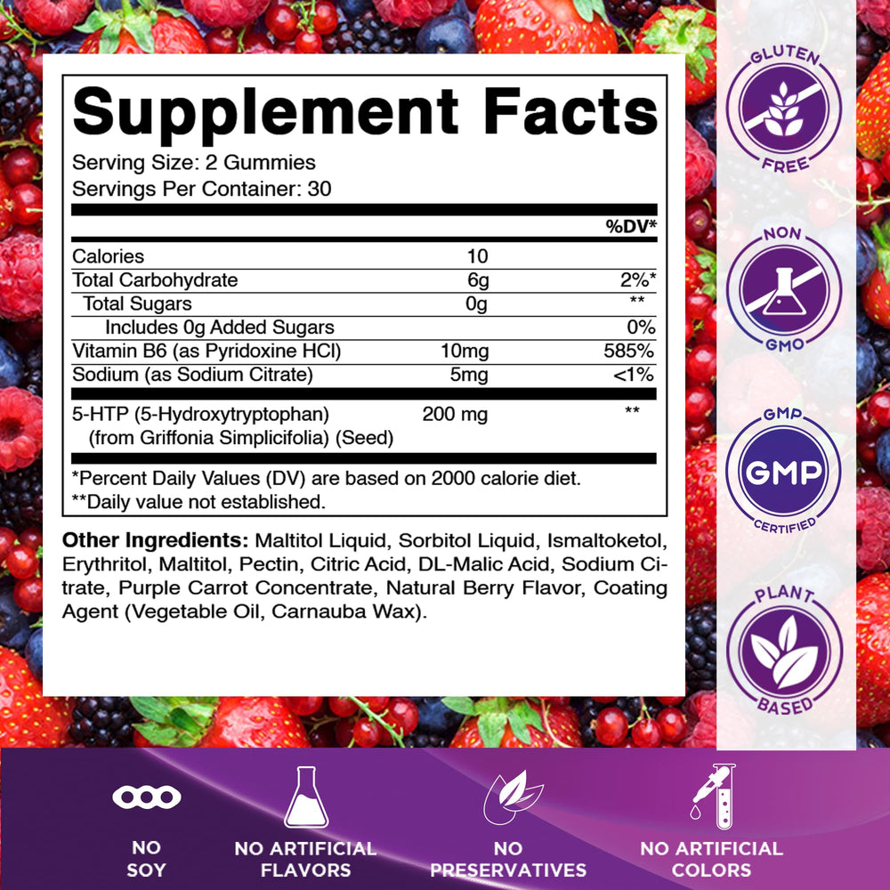 Vitamatic 5-HTP gummies with B6 closeup emphasizing absorption support