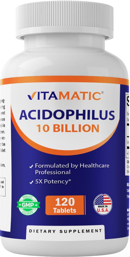 Vitamatic Acidophilus probiotic bottle front showing 10B CFU for daily balance.