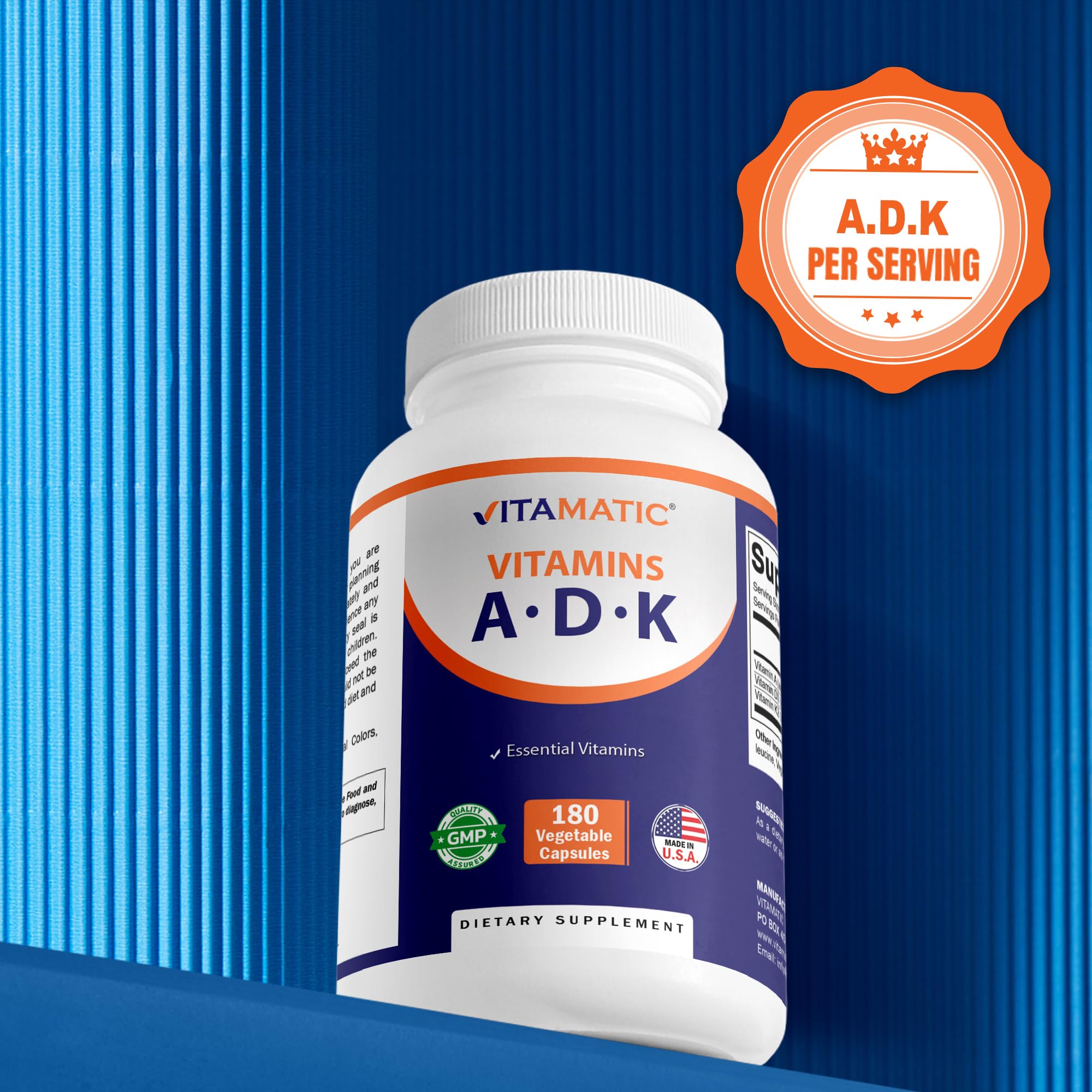 Vitamatic ADK bottle showcasing non-GMO and gluten-free certification