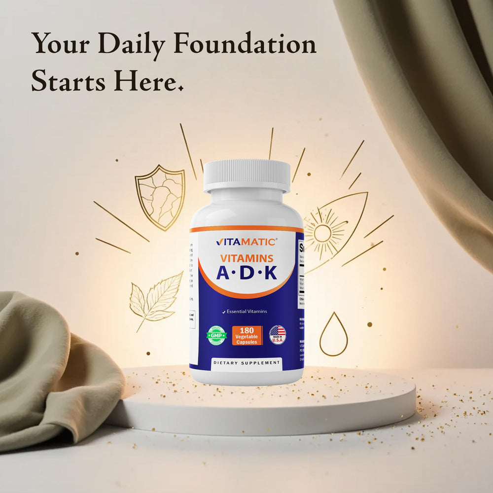 Vitamatic ADK bottle with glass, suggesting a daily wellness routine