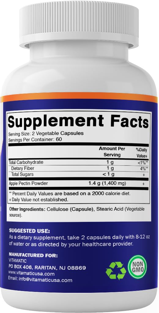 Vitamatic Apple Pectin bottle against a neutral kitchen backdrop - gluten-free option.