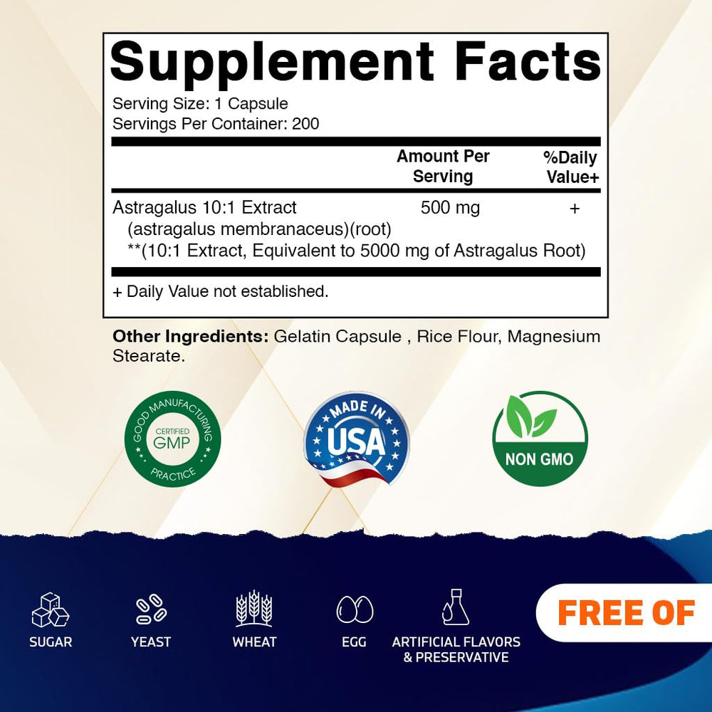 Vitamatic Astragalus capsules bottle back label with Non-GMO and gluten-free details