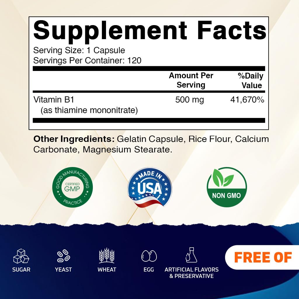 Vitamatic B1 capsules close-up showing 500mg dosage for daily energy