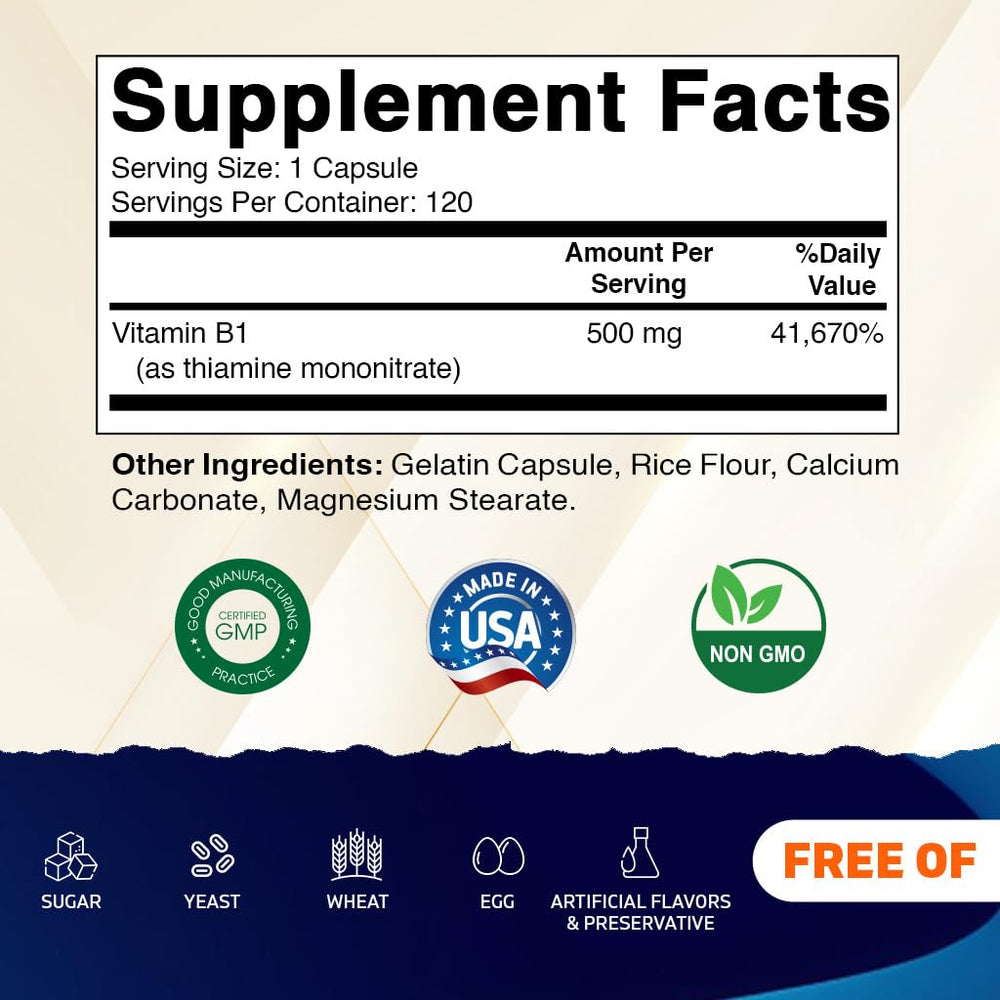 Vitamatic B1 capsules close-up showing 500mg dosage for daily energy