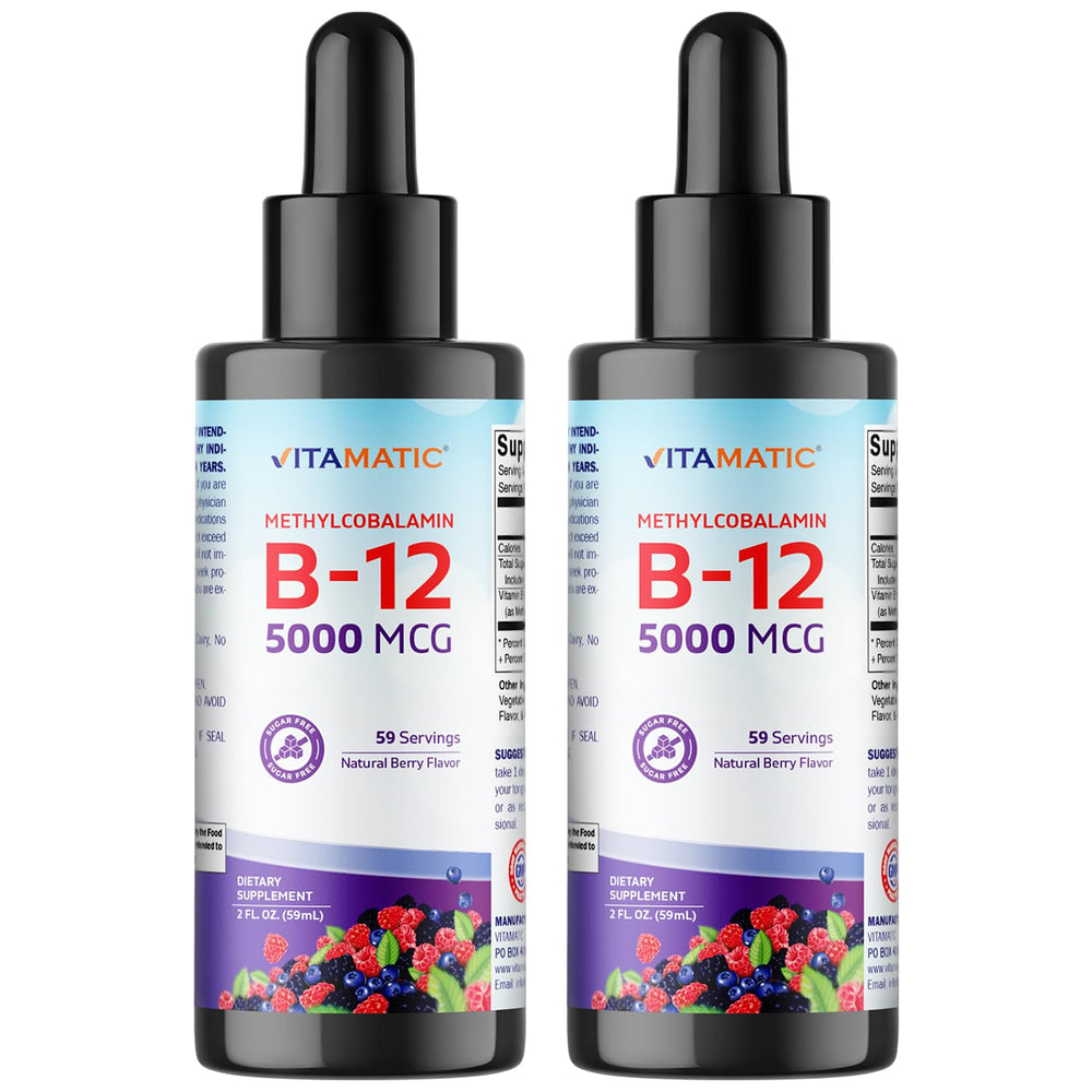 Vitamatic fast-acting B12 bottle with berry flavor label for quick sublingual use