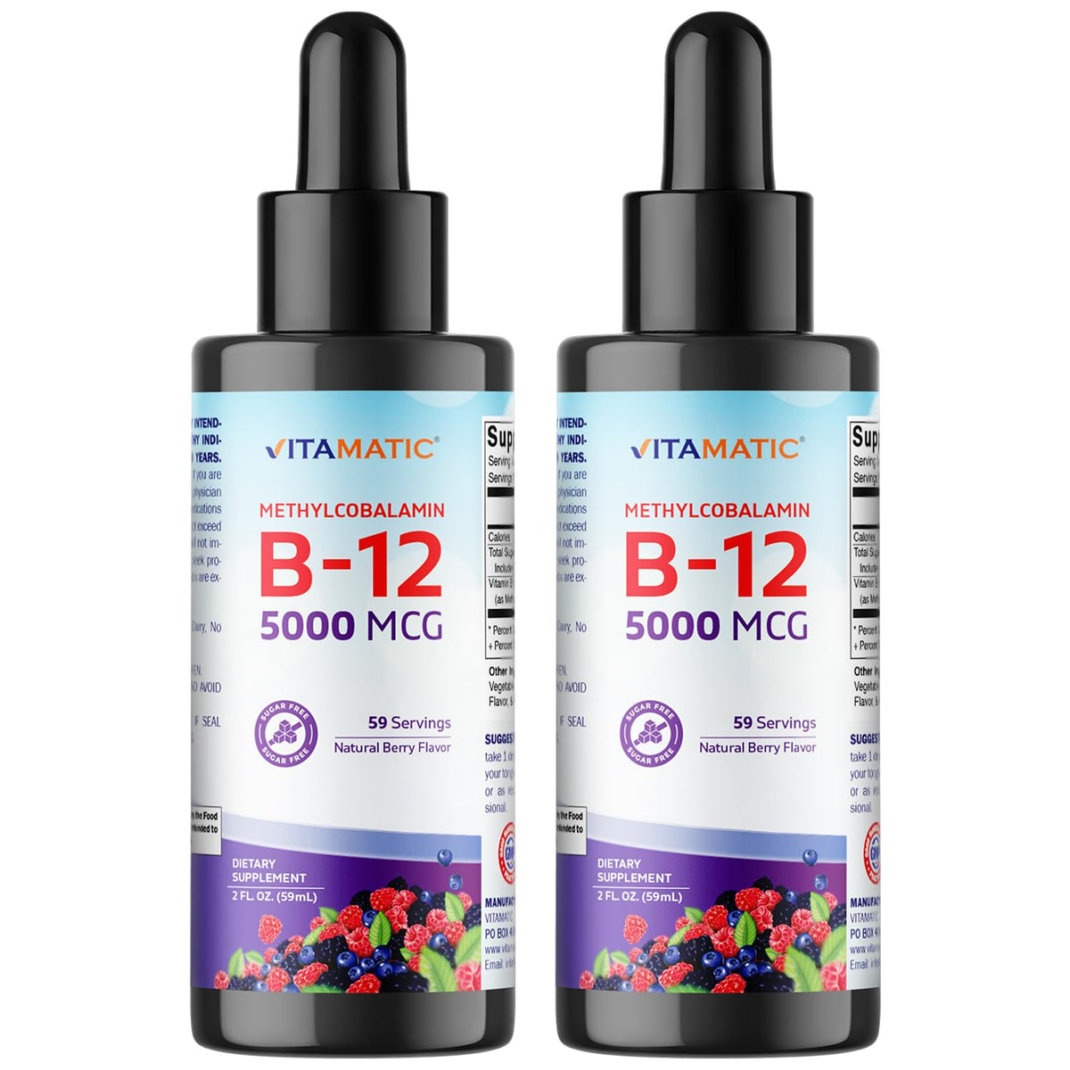 Vitamatic fast-acting B12 bottle with berry flavor label for quick sublingual use