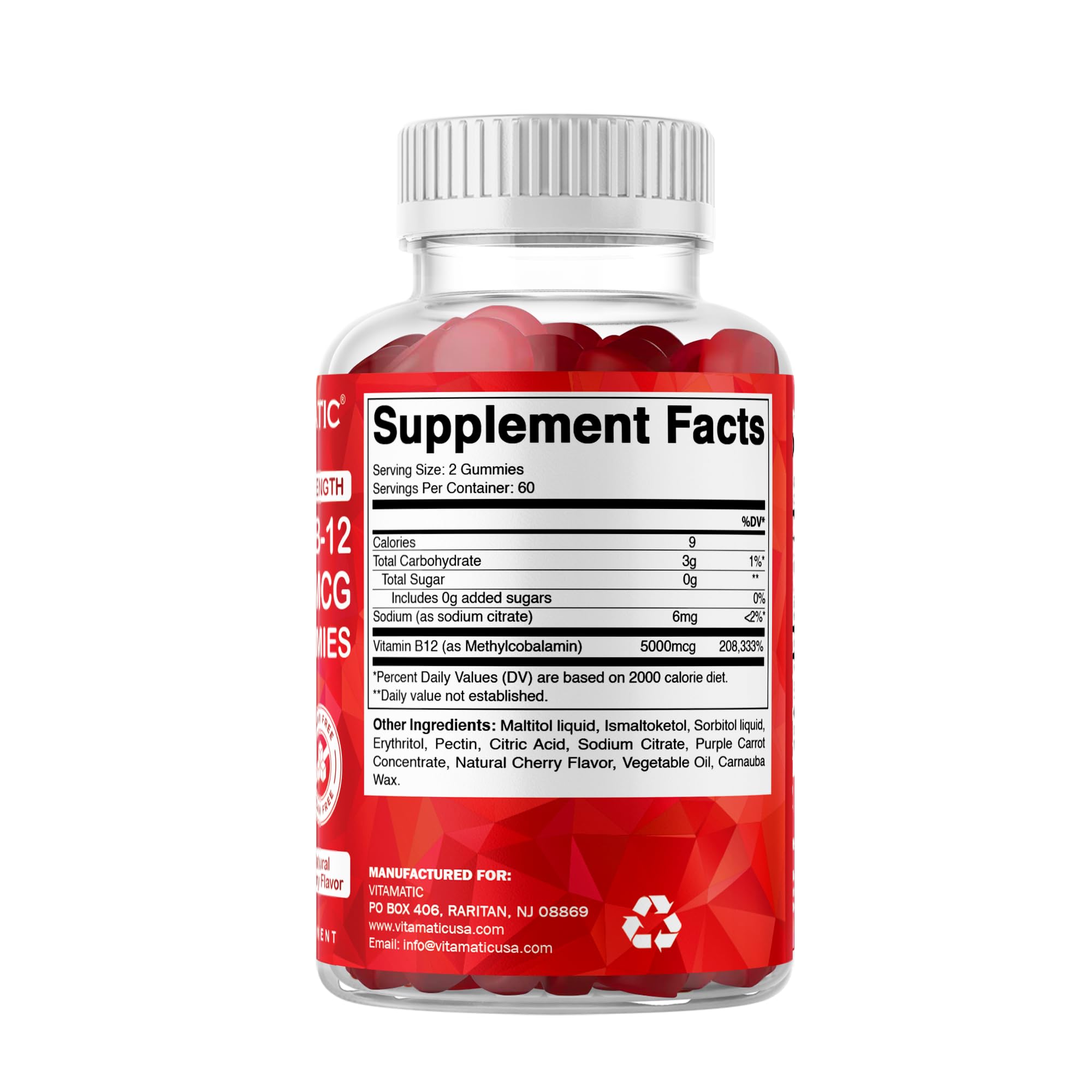 Bottle of Vitamatic B12 gummies shows 120-count supply for daily use