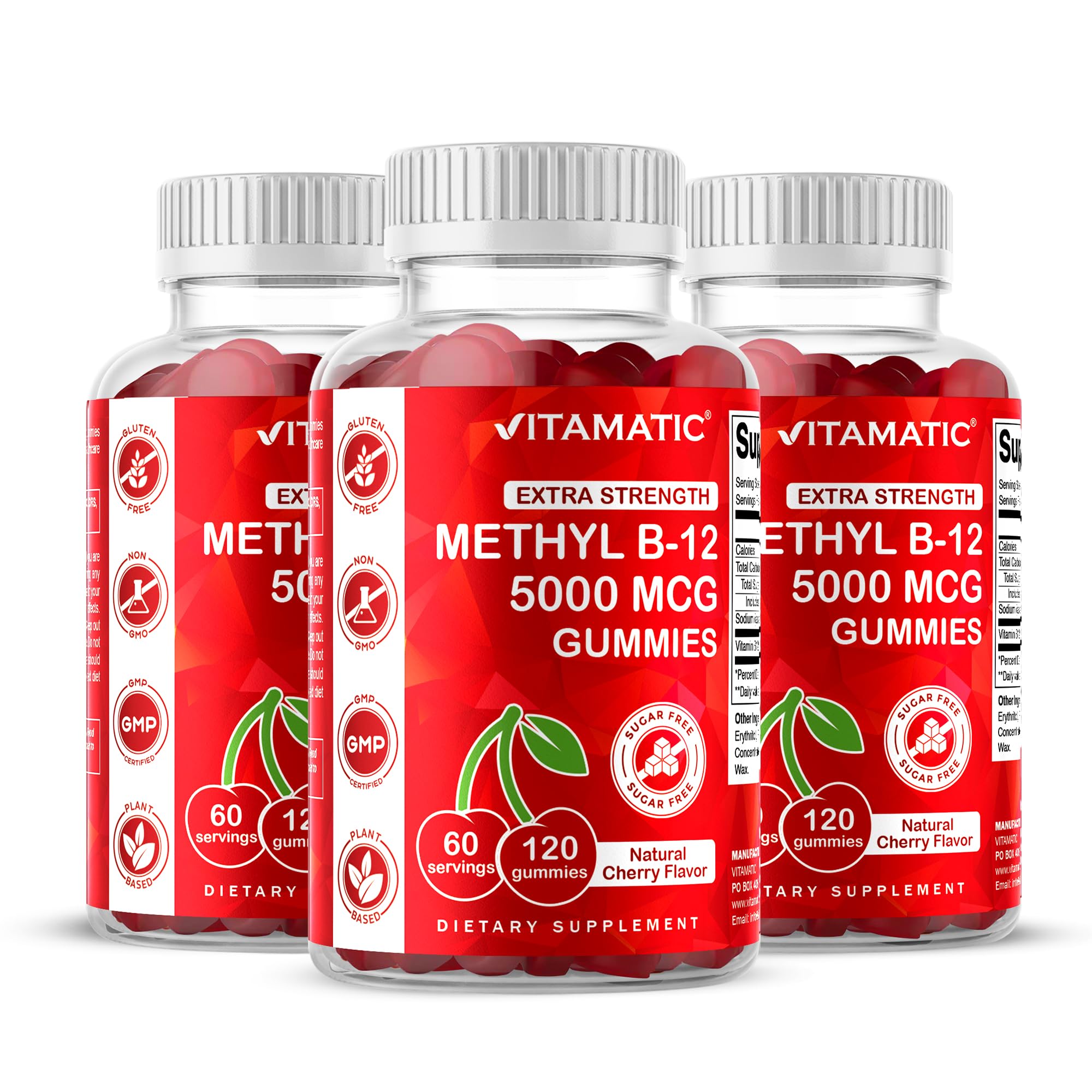 Vitamatic Extra Strength B12 Gummies bottle front with natural cherry flavor for daily energy support