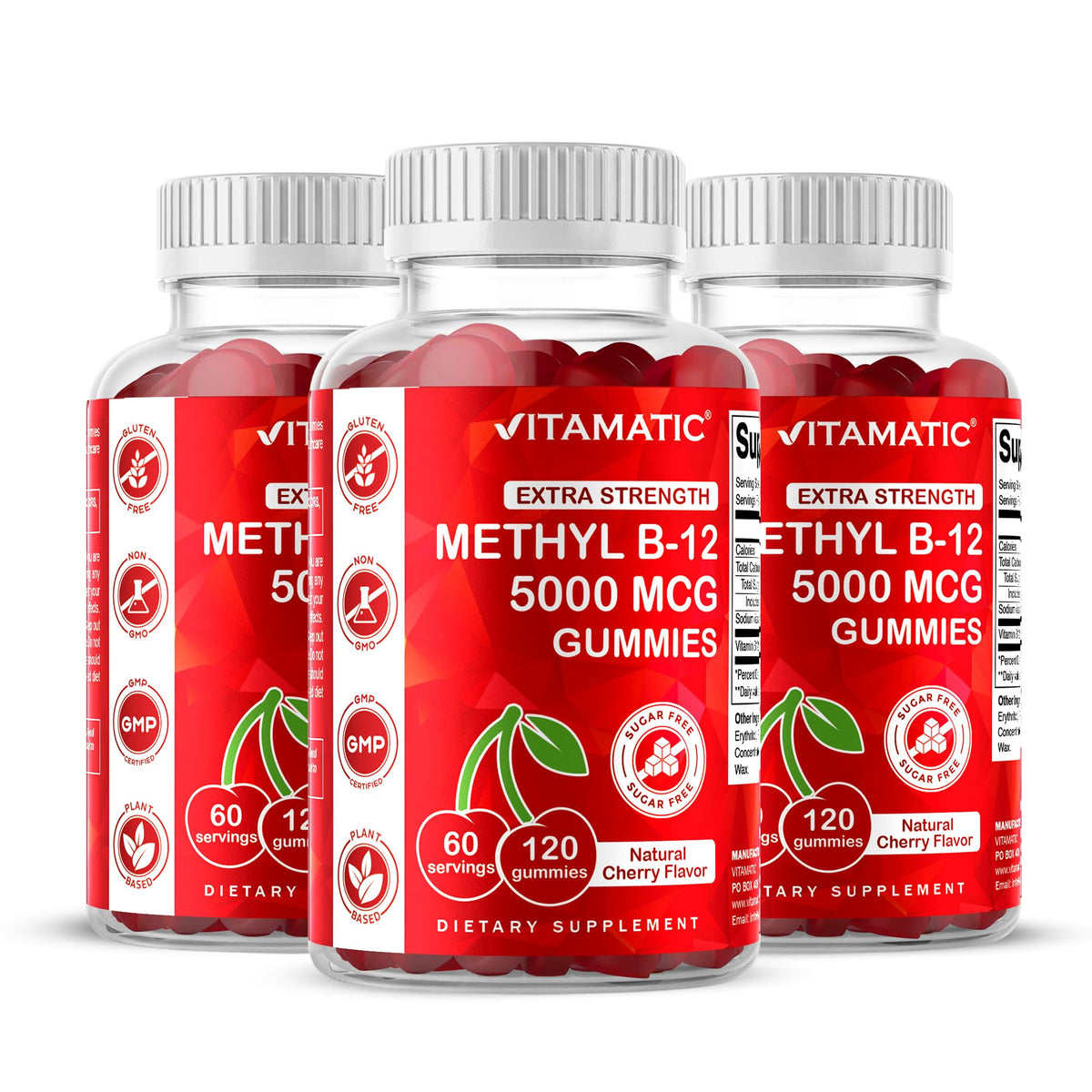 Vitamatic Extra Strength B12 Gummies bottle front with natural cherry flavor for daily energy support