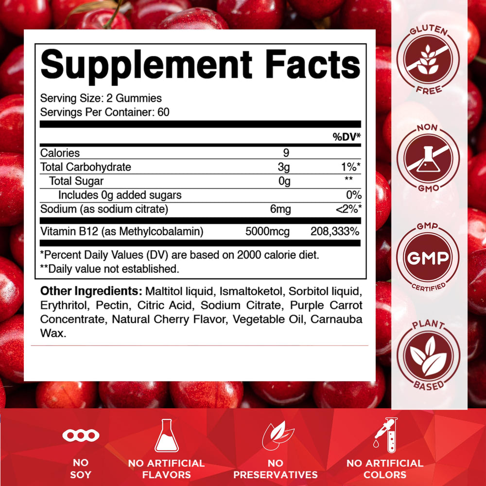 Vitamatic B12 Gummies label close-up highlighting methyl B12 5000 mcg per gummy