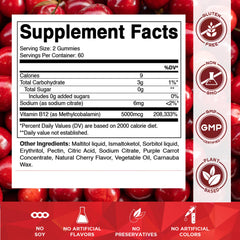 Vitamatic B12 Gummies label close-up highlighting methyl B12 5000 mcg per gummy