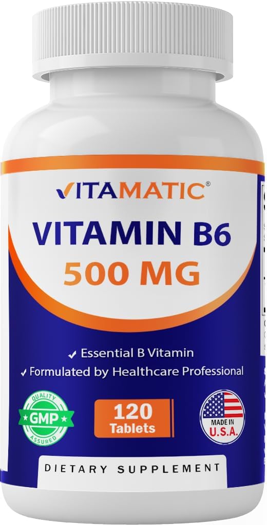 Vitamatic Vitamin B6 bottle front view highlighting 120 vegetarian tablets and energy support
