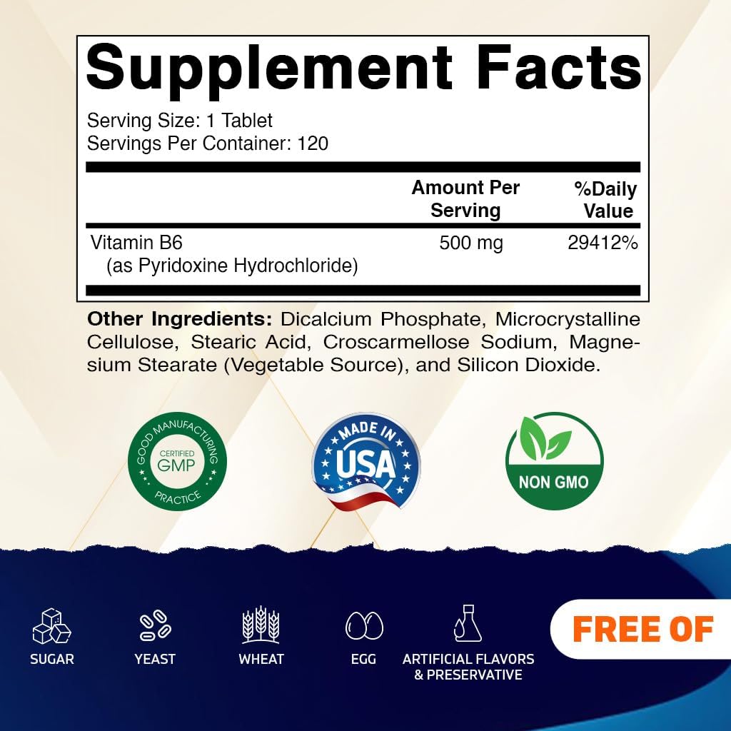 Vitamatic B6 bottle label close-up showing non-GMO and gluten-free features