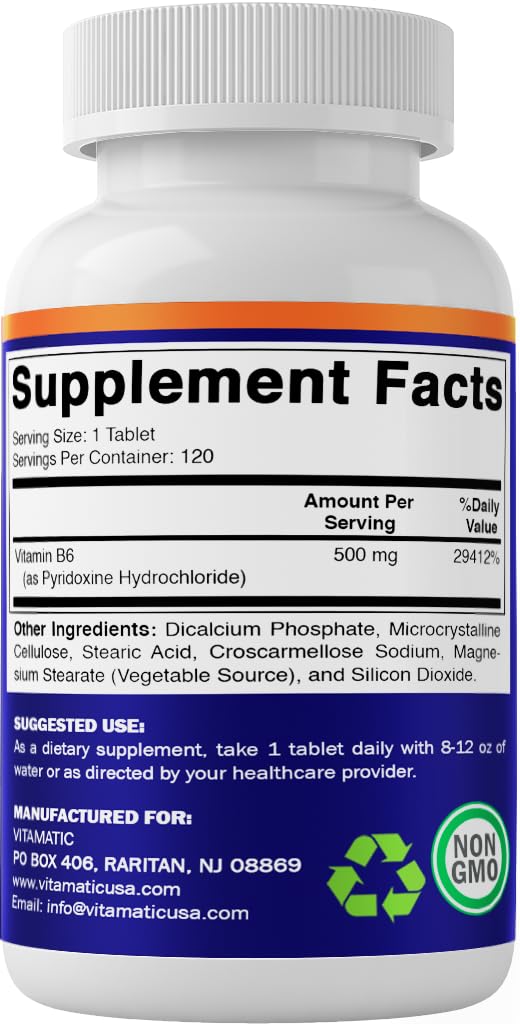 Vitamatic B6 bottle on shelf with other supplements, suggesting daily use