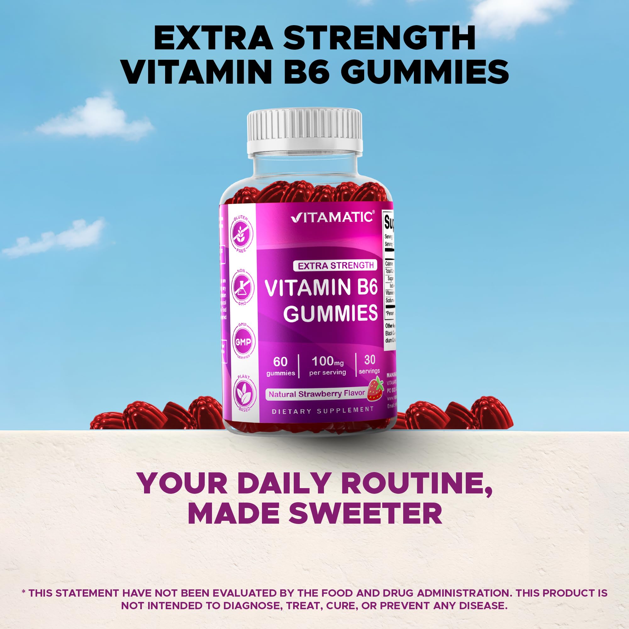 Vitamatic B6 gummies strawberry vegan-friendly icon indicating plant-based option.
