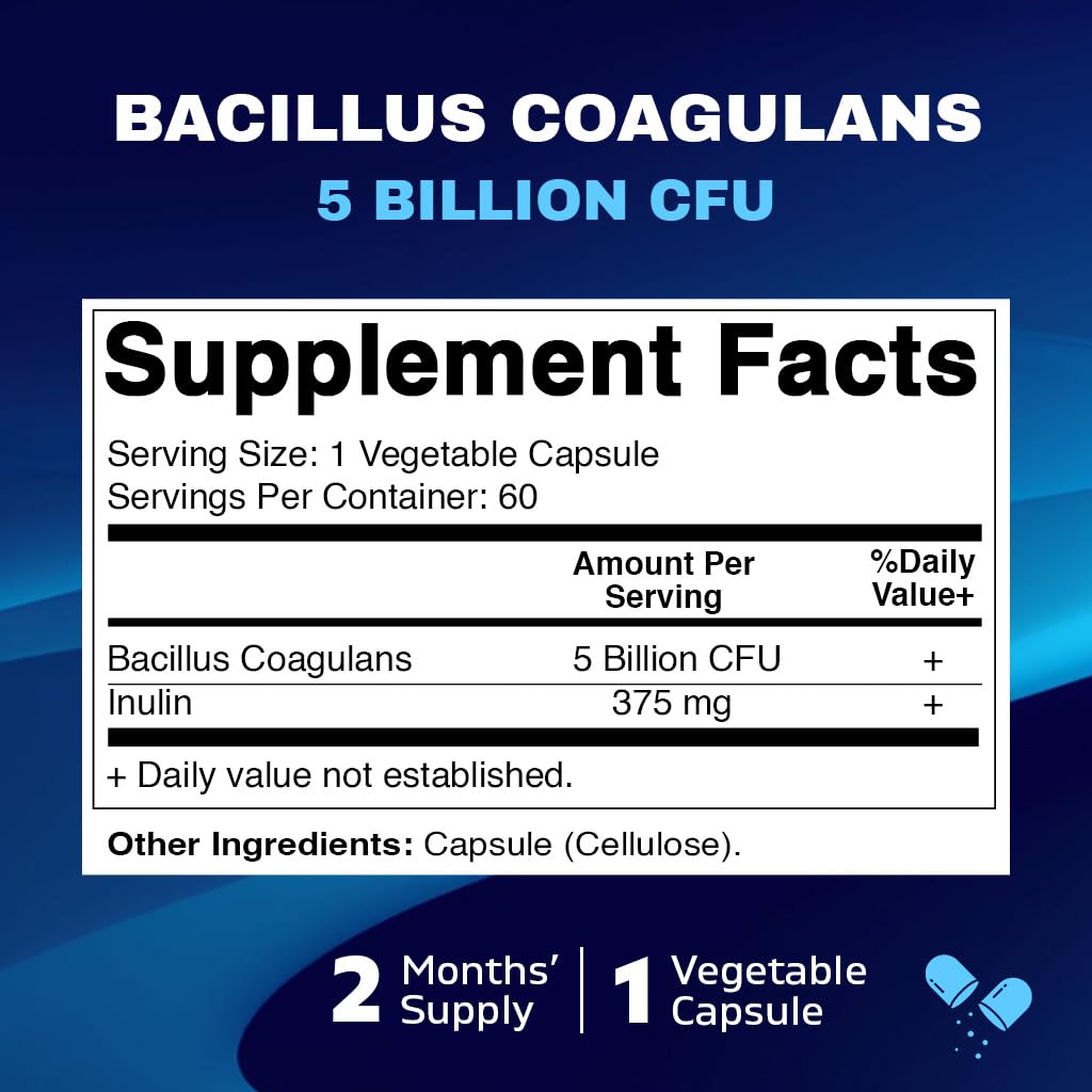 Vitamatic Bacillus Coagulans bottle back label showing ingredients and dosage.