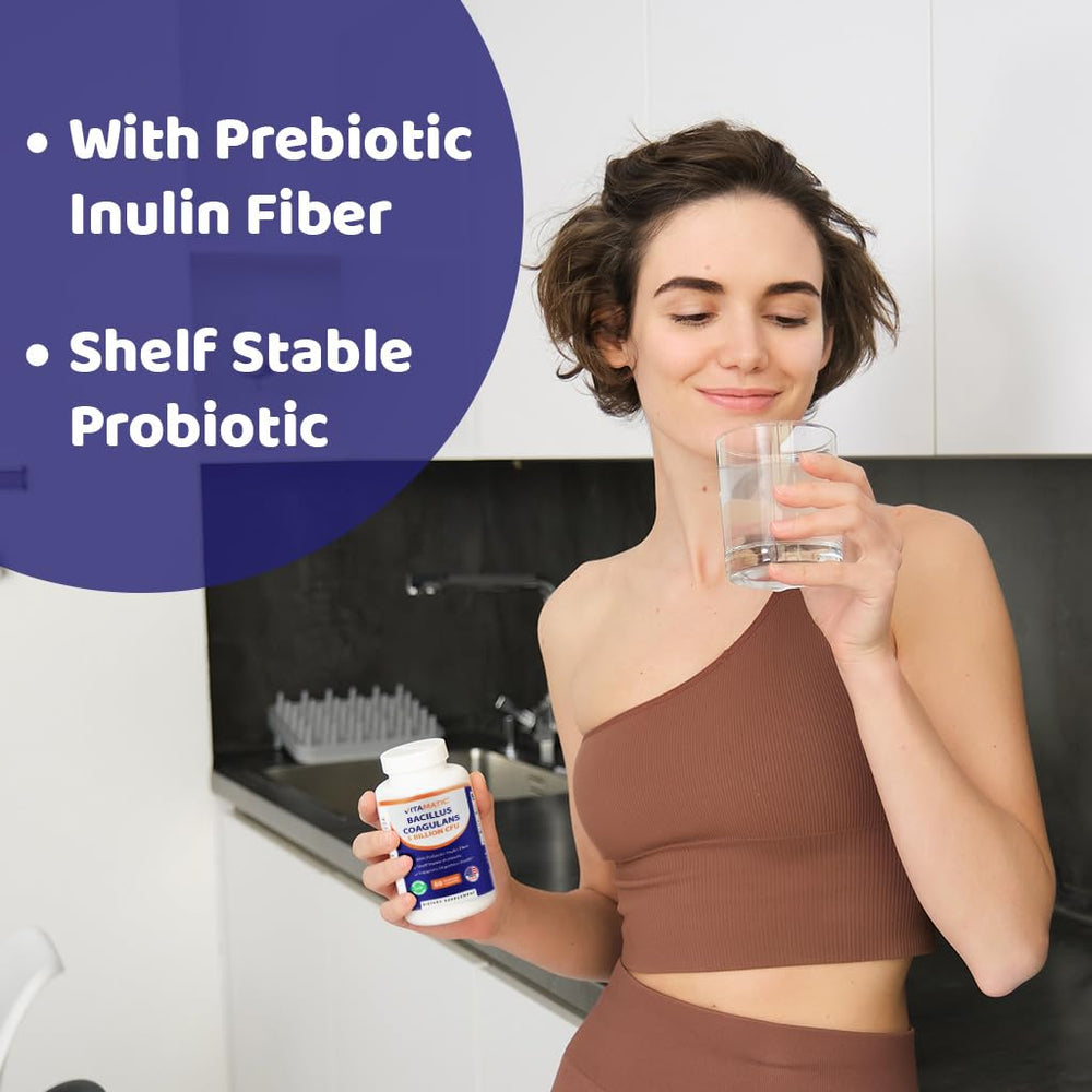 Vitamatic Bacillus Coagulans packaging shows gluten-free and non-GMO certifications.