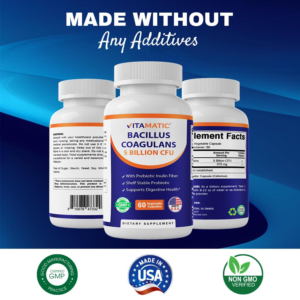 Vitamatic Bacillus Coagulans Made in USA seal on packaging.