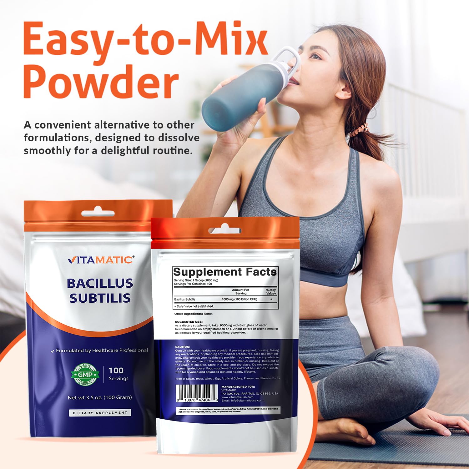 Vitamatic Bacillus Subtilis powder label highlights non-GMO and gluten-free formula.