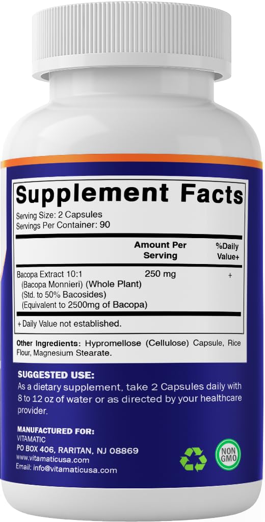 Vitamatic Bacopa Monnieri health-focused image suggests daily cognitive support.