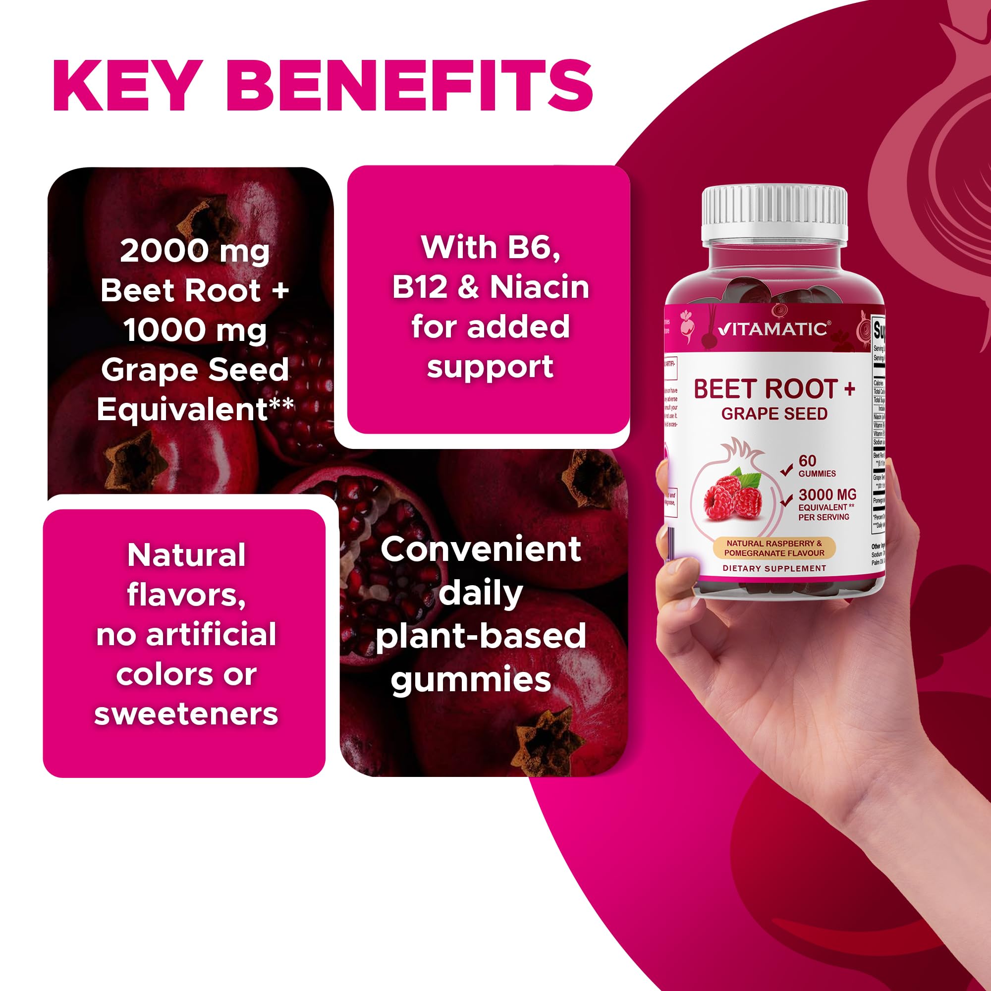 Vitamatic Beet Root Gummies flavor swatch highlights raspberry and pomegranate notes.