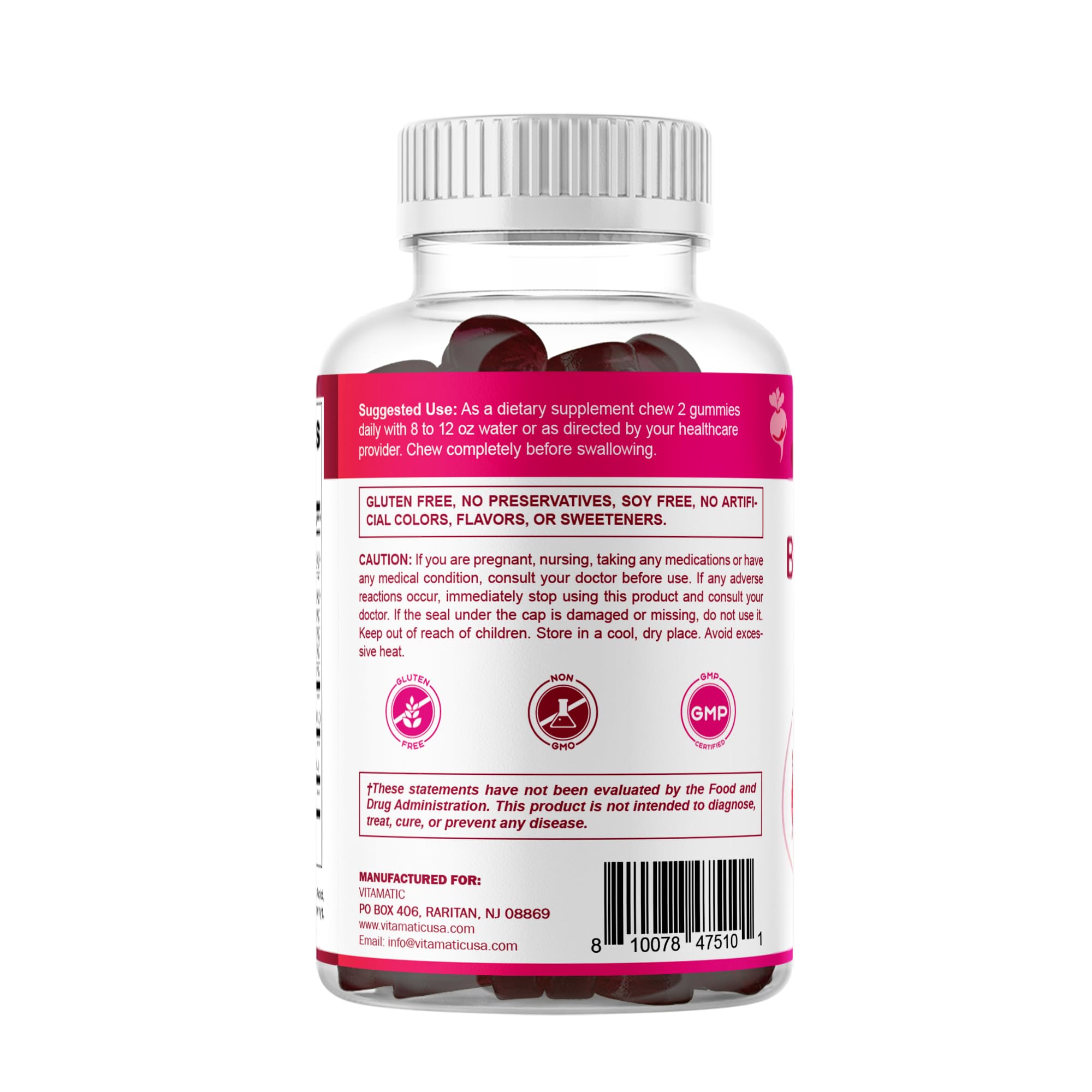 Vitamatic Beet Root Gummies packaging close-up emphasizing purity and standards.