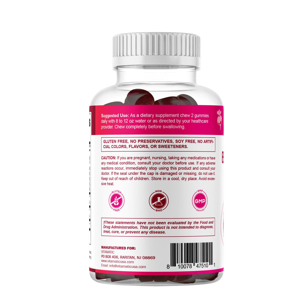 Vitamatic Beet Root Gummies packaging close-up emphasizing purity and standards.