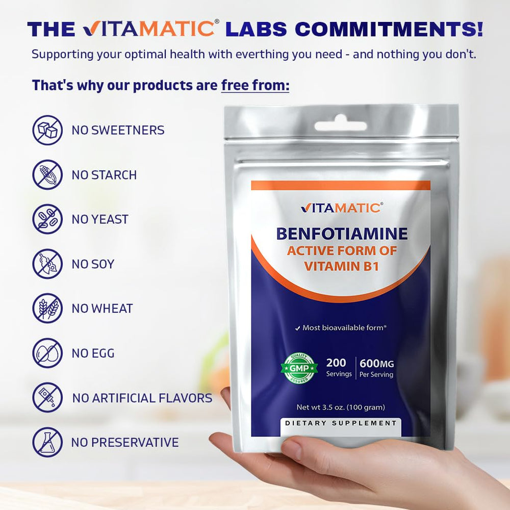 Vitamatic Benfotiamine Pure FDA facility sign indicating quality manufacturing