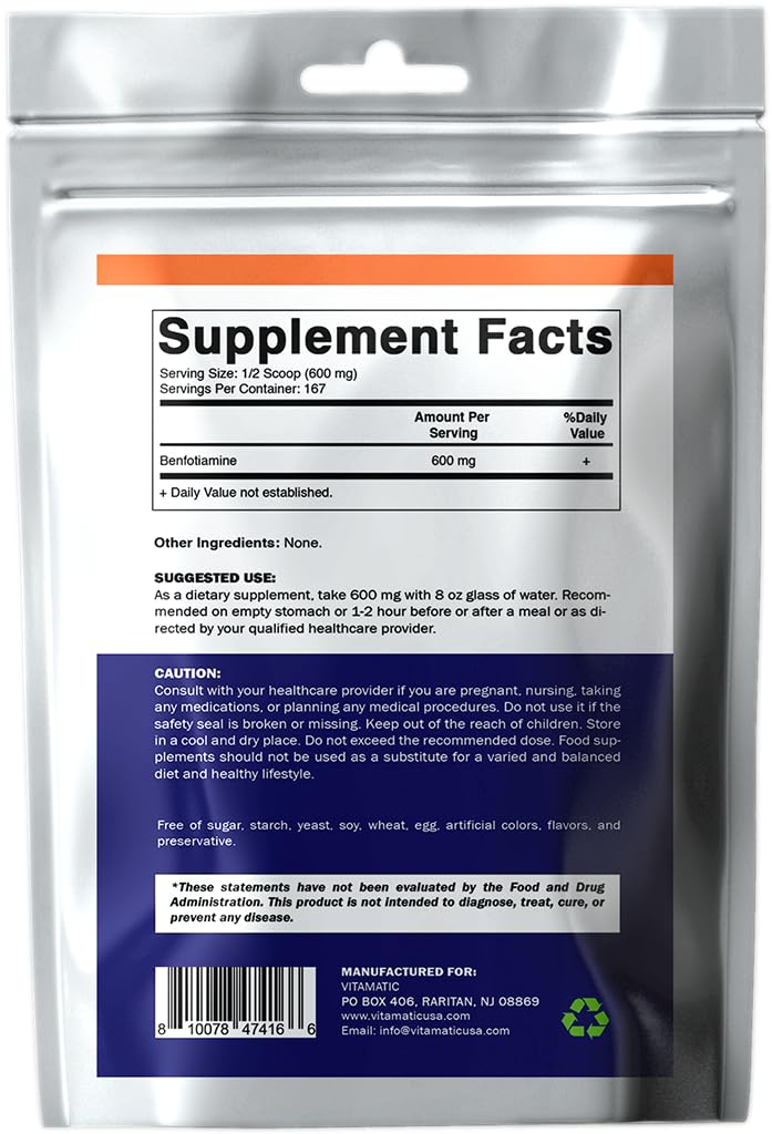 Vitamatic Benfotiamine Pure kitchen-drawer-ready packaging for everyday use
