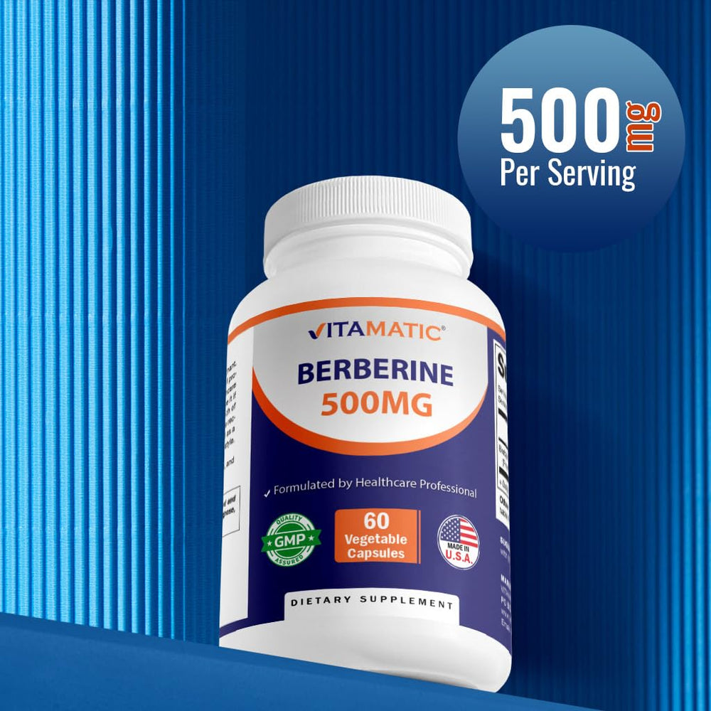 Vitamatic Berberine capsules on a morning routine setup, supports daily wellness