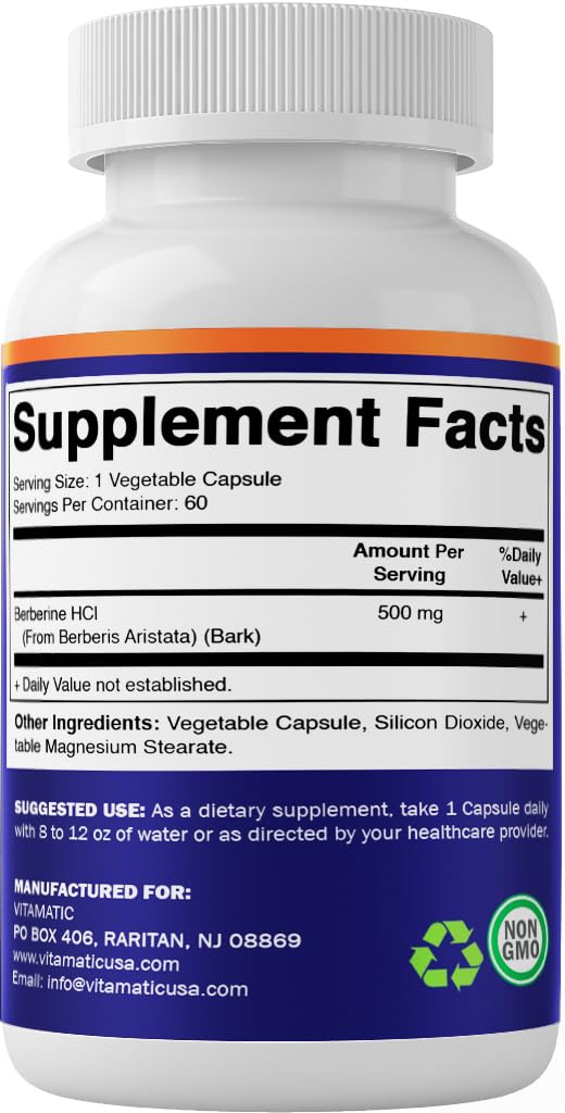 Vitamatic Berberine ingredients panel, 500 mg per capsule