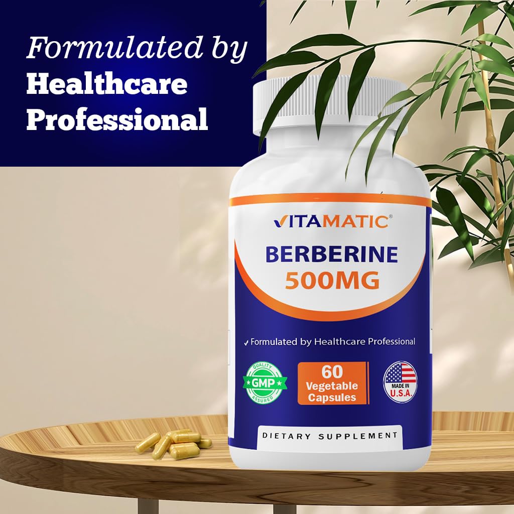 Vitamatic Berberine packaging with certification imagery, consistent quality