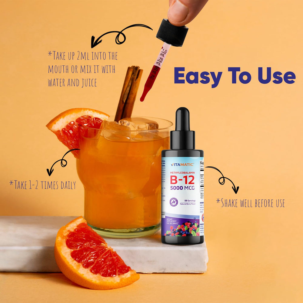 Vitamatic berry-flavored liquid B12 provides pleasant daily supplementation.