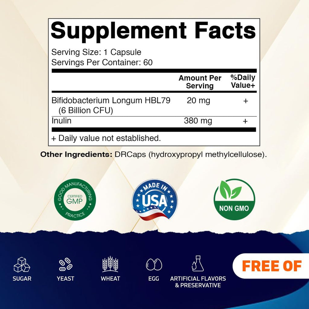 Vitamatic Bifidobacterium Longum bottle label highlights Non-GMO and gluten-free details