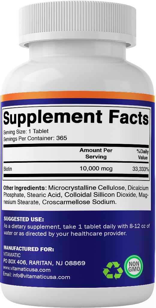 Allergen-free Vitamatic Biotin packaging details for safety.