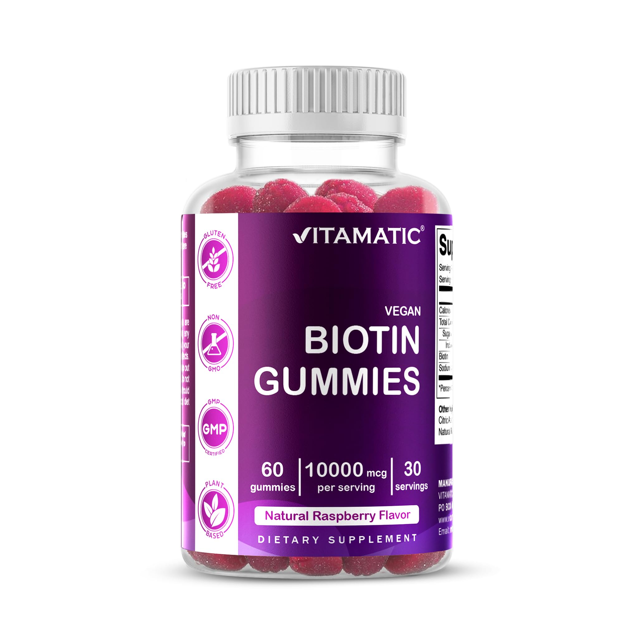Vitamatic Biotin Gummies en botella para uso diario del cabello.
