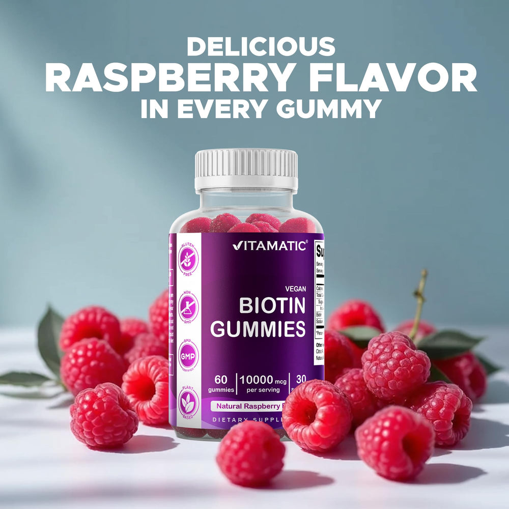 Vitamatic Biotin Gummies dosis diaria de 10 mg para bienestar diario.
