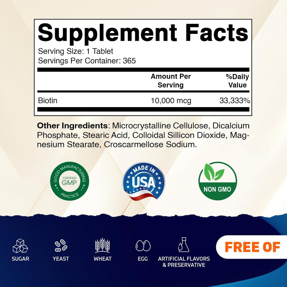 Vitamatic Biotin tablets close-up emphasizes vegan formula for daily use.
