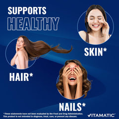 Vitamatic Biotin tablets in hand for daily supplementation.