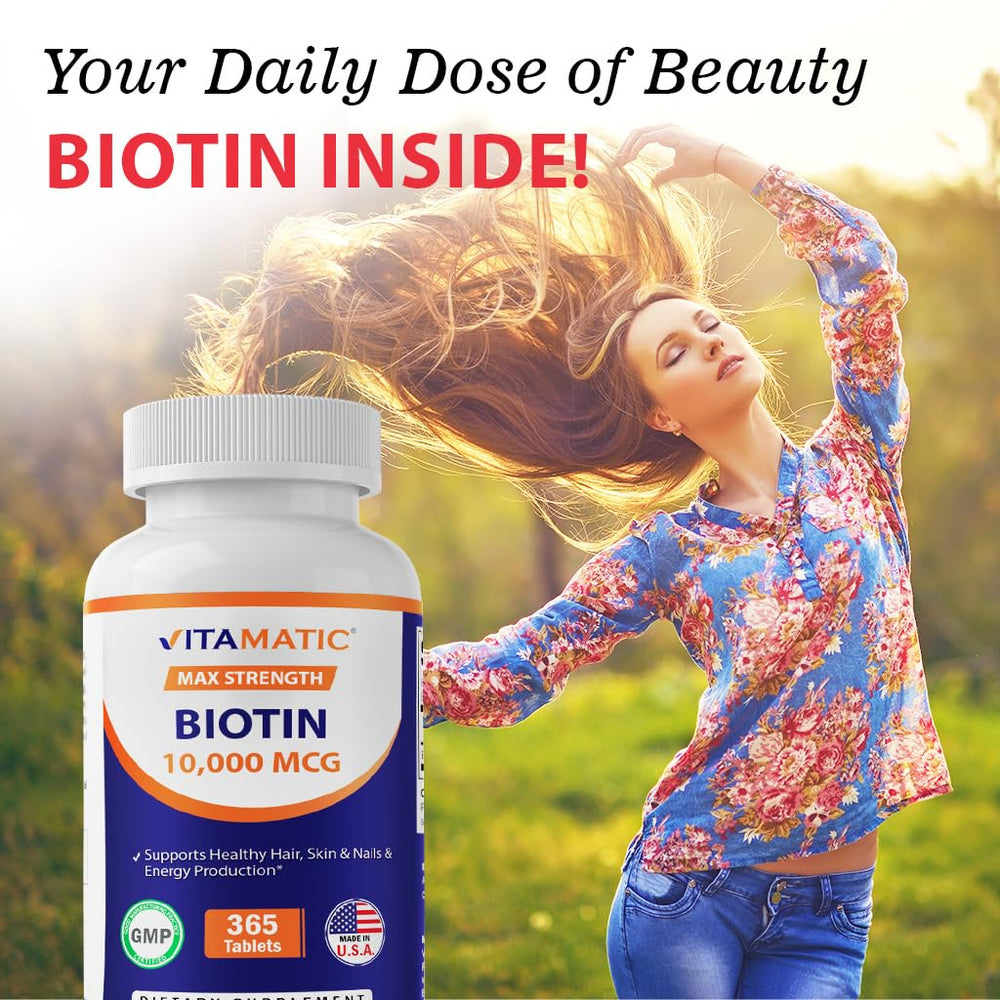 USA-made Vitamatic Biotin bottle seal and branding.