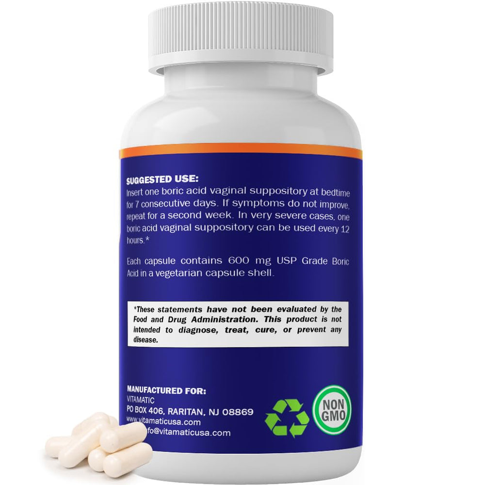 Vitamatic boric acid capsule-shell free-from additives depiction.