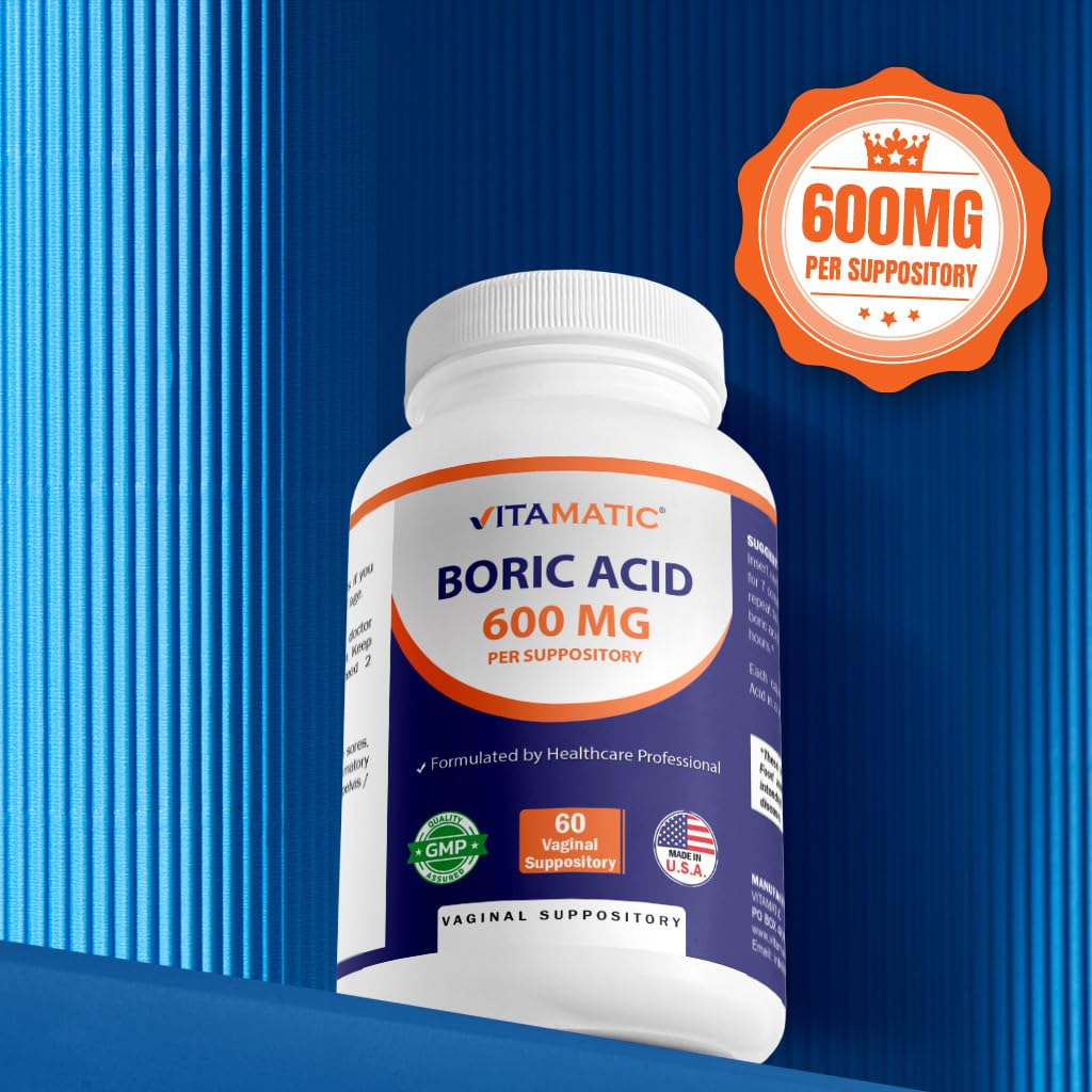 Vitamatic boric acid vaginal suppositories gluten-free packaging highlight.